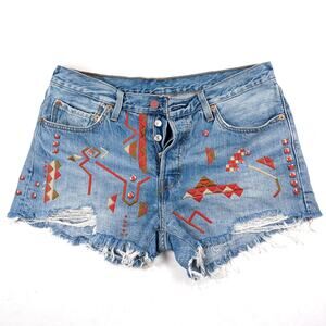 Levi's Icons Button Fly Embroidered Boho Southwest Tribal Denim Shorts Size 31